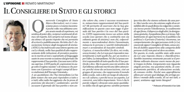 &quot;Il consigliere di Stato e gli storici&quot;, Corriere del Ticino, 17 settembre 2010