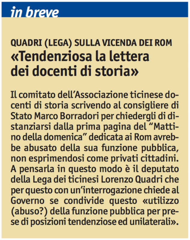 &quot;Quadri (Lega) sulla vicenda dei rom&quot;, Giornale del Popolo, 20 settembre 2010